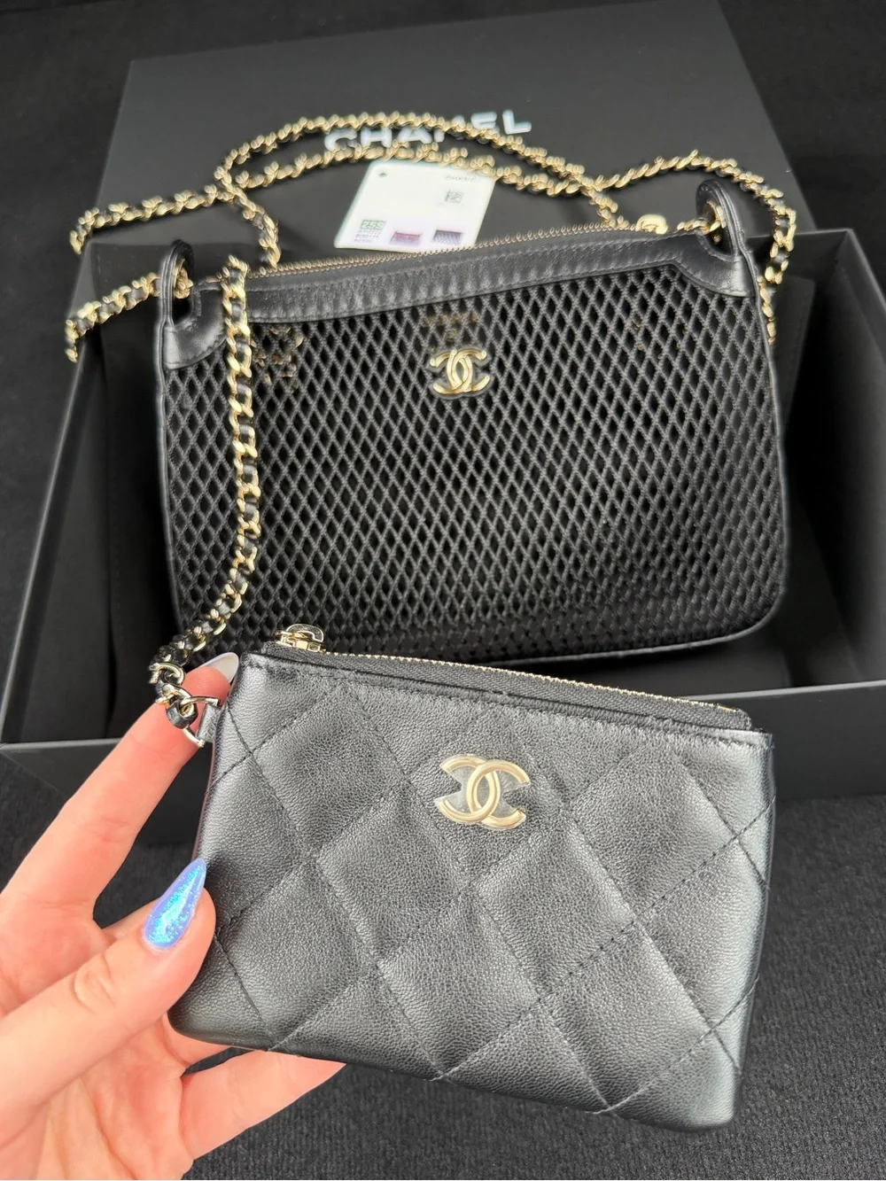 NWT Chanel 25S Mesh Lambskin Pochette Clutch With Chain and Wallet